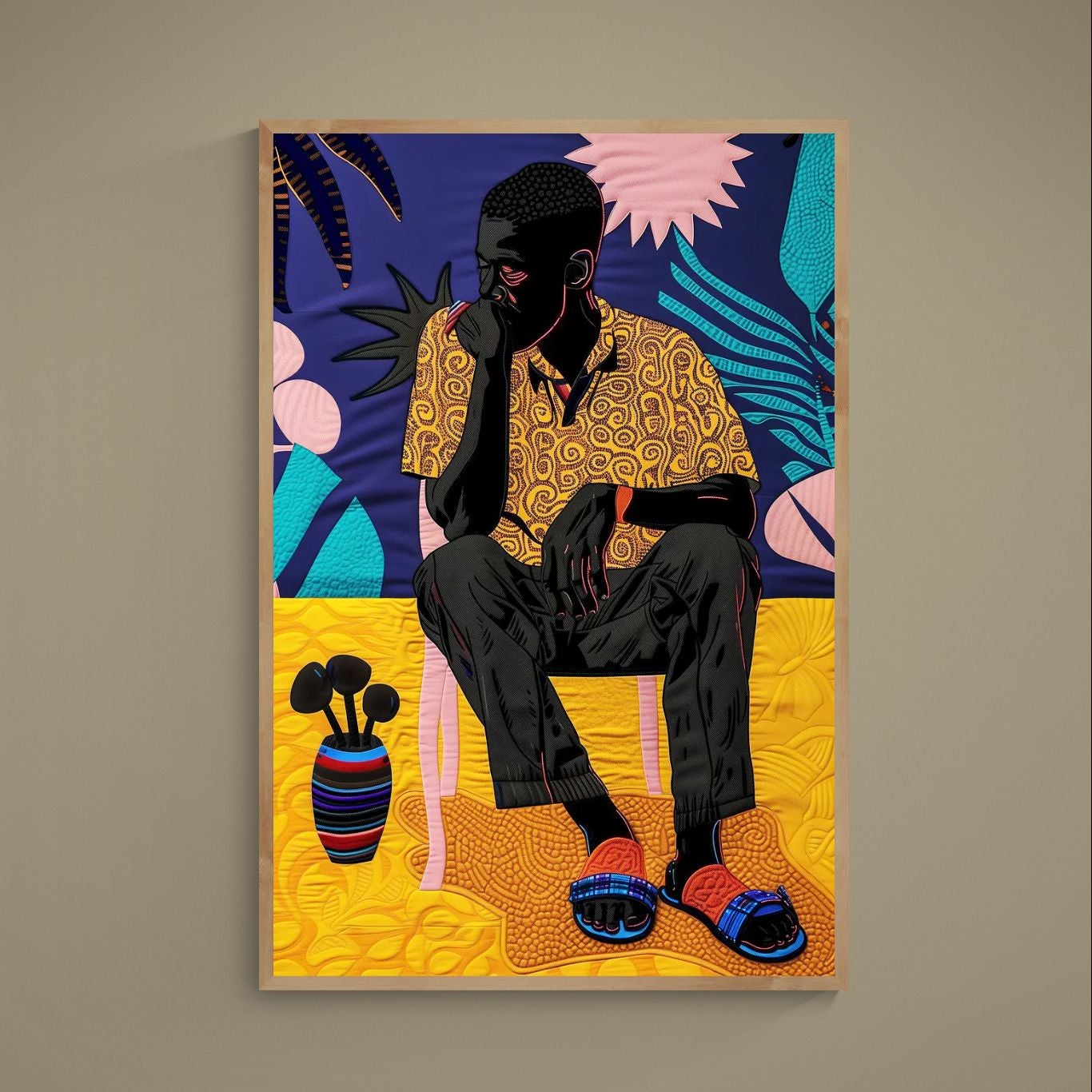 Seated Black silhouette poster with colorful textile-inspired patterns, vase, and botanical motifs