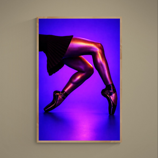 Ballet dancer en pointe under purple-blue light with gold highlights and black pleated skirt
