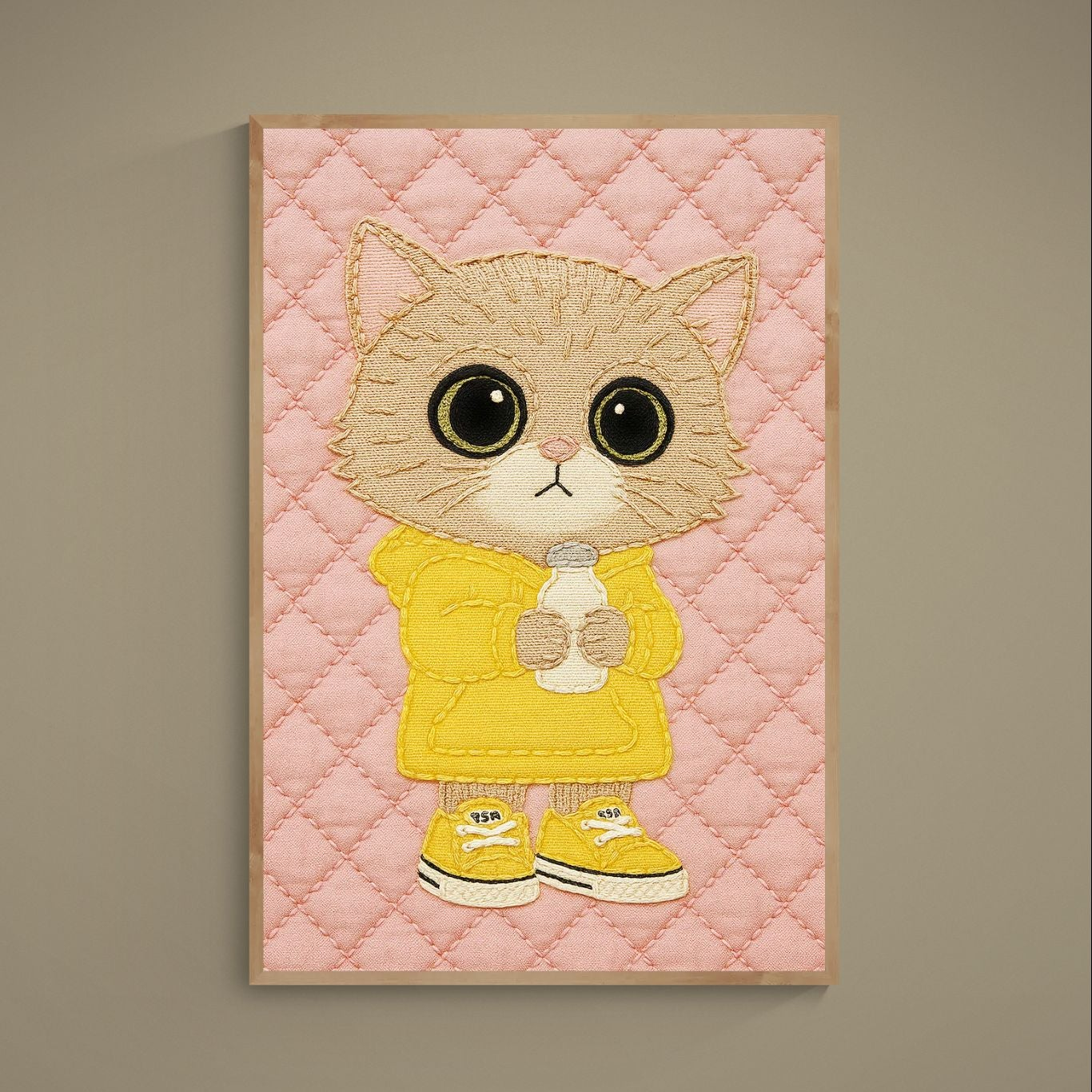 Kawaii kitten in yellow hoodie holding milk bottle on pink quilted background matte poster