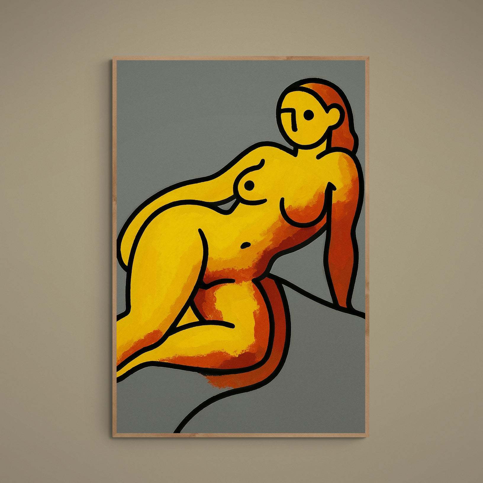 Abstract reclining nude poster with yellow and orange shapes, black outlines, and gray background