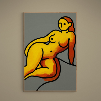 Abstract reclining nude poster with yellow and orange shapes, black outlines, and gray background
