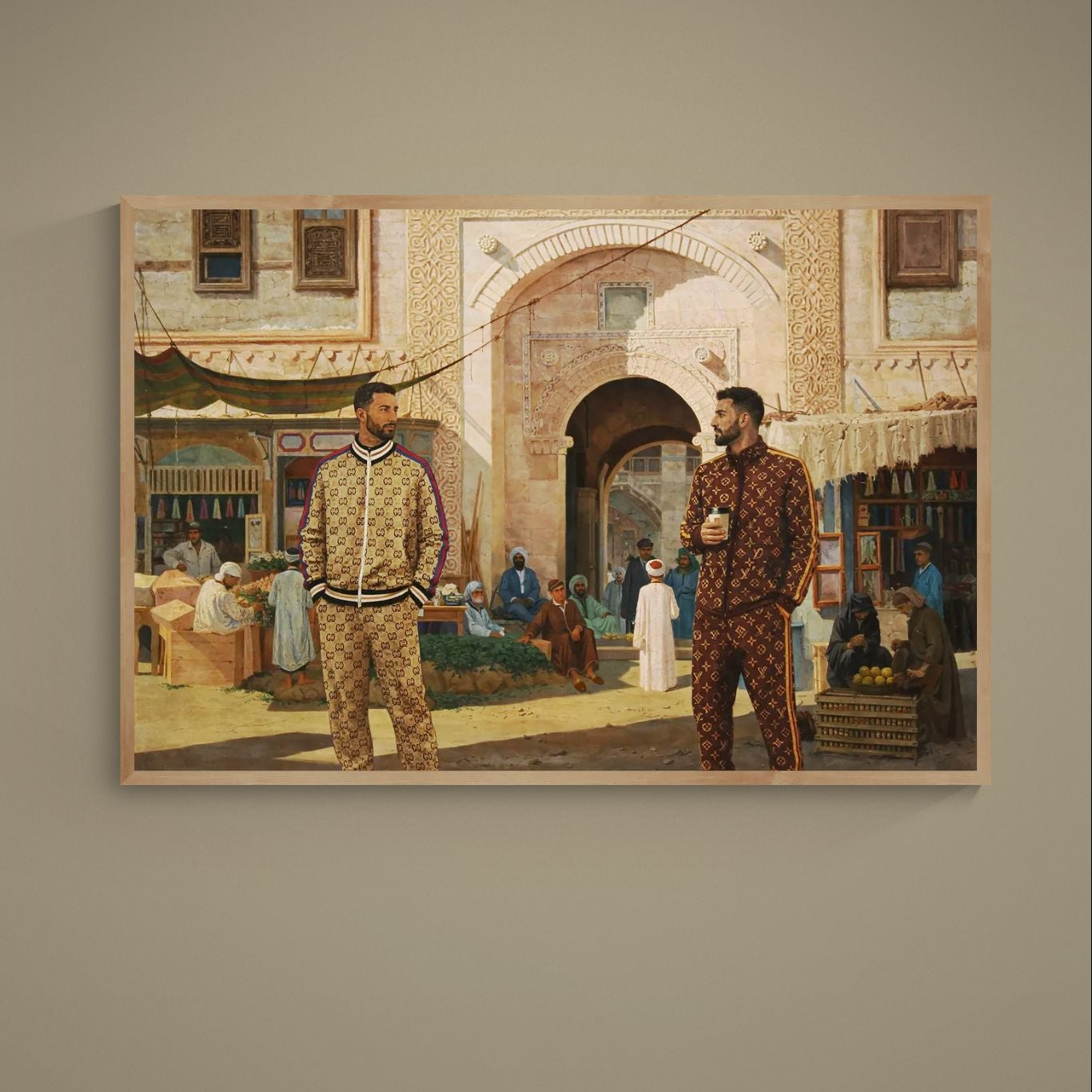 Photorealistic Middle Eastern bazaar under ornate archway with two men in monogram tracksuits