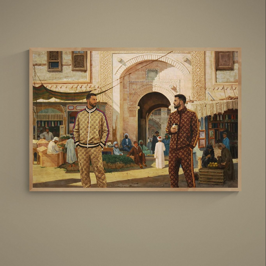 Photorealistic Middle Eastern bazaar under ornate archway with two men in monogram tracksuits