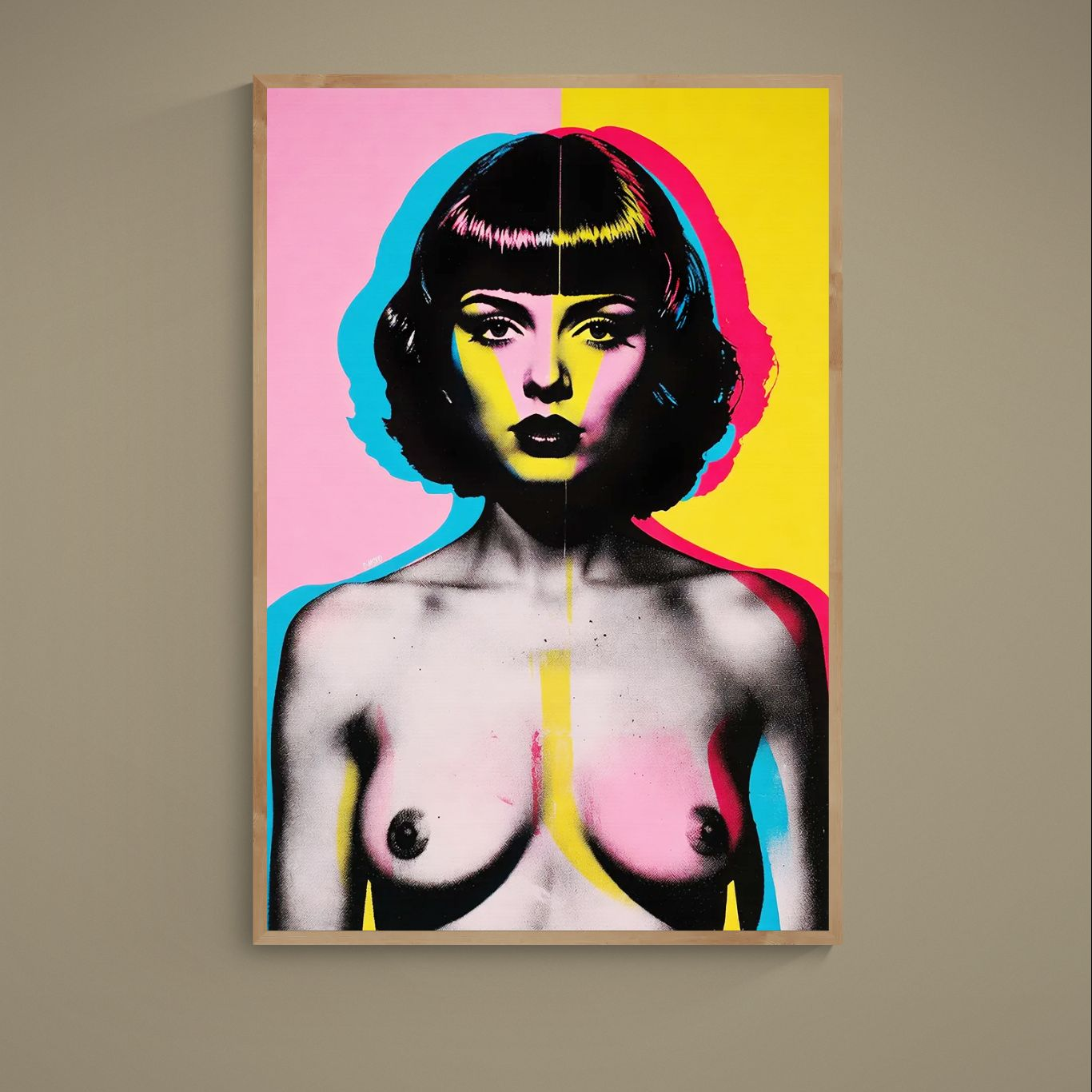 Unframed pop art nude bust poster with black halftone portrait and pink, yellow, and blue CMYK overlays