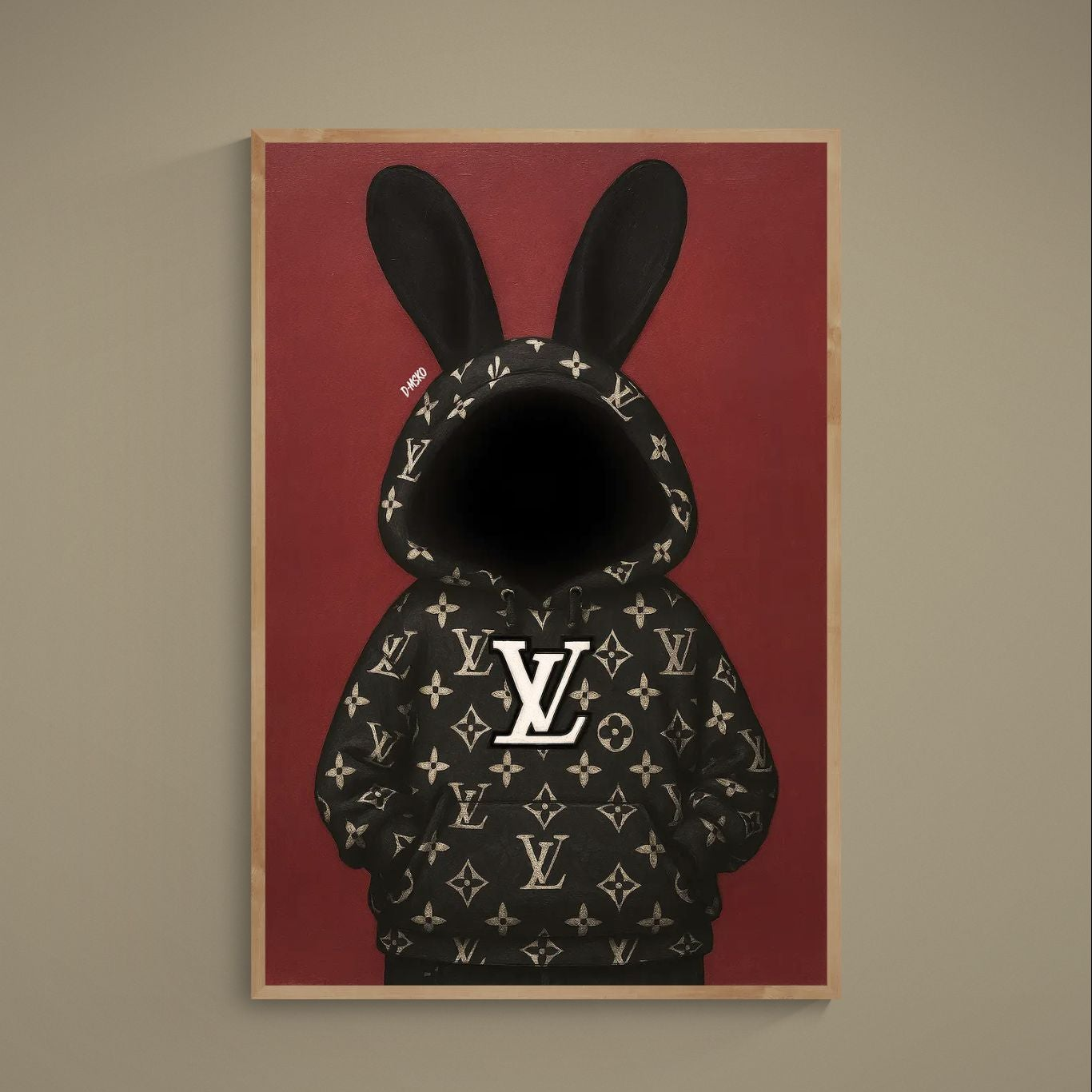Faceless rabbit-eared figure in black gold-monogram hoodie on burgundy matte poster