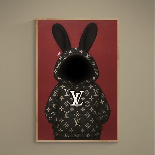 Faceless rabbit-eared figure in black gold-monogram hoodie on burgundy matte poster
