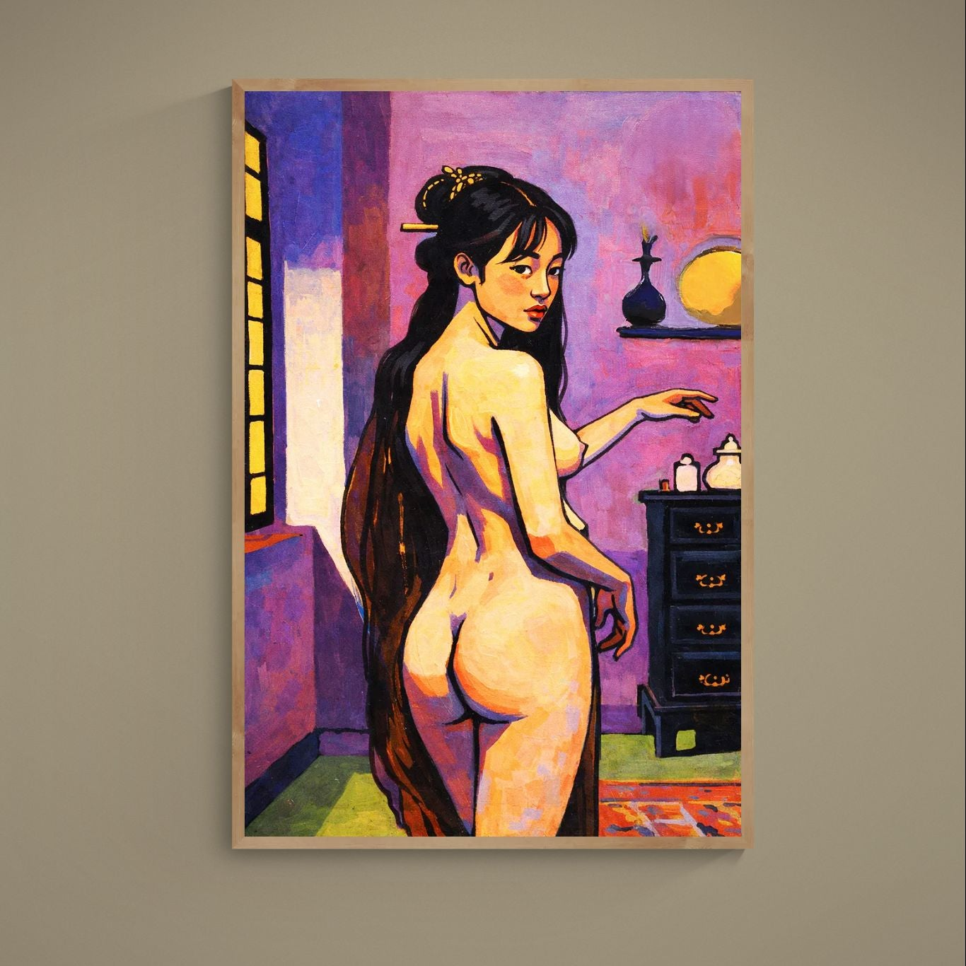 Unframed vertical nude portrait poster with purple interior, warm pop-art colors, and vanity scene