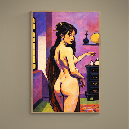 Unframed vertical nude portrait poster with purple interior, warm pop-art colors, and vanity scene