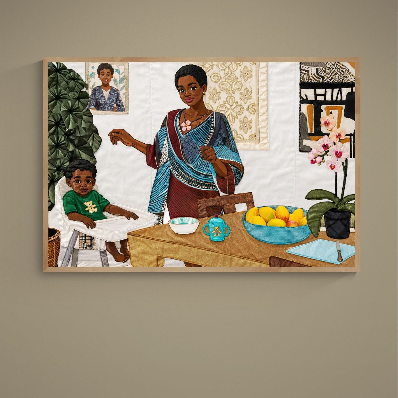 Black family wall quilt poster of mother and child at kitchen table with textured patterns.