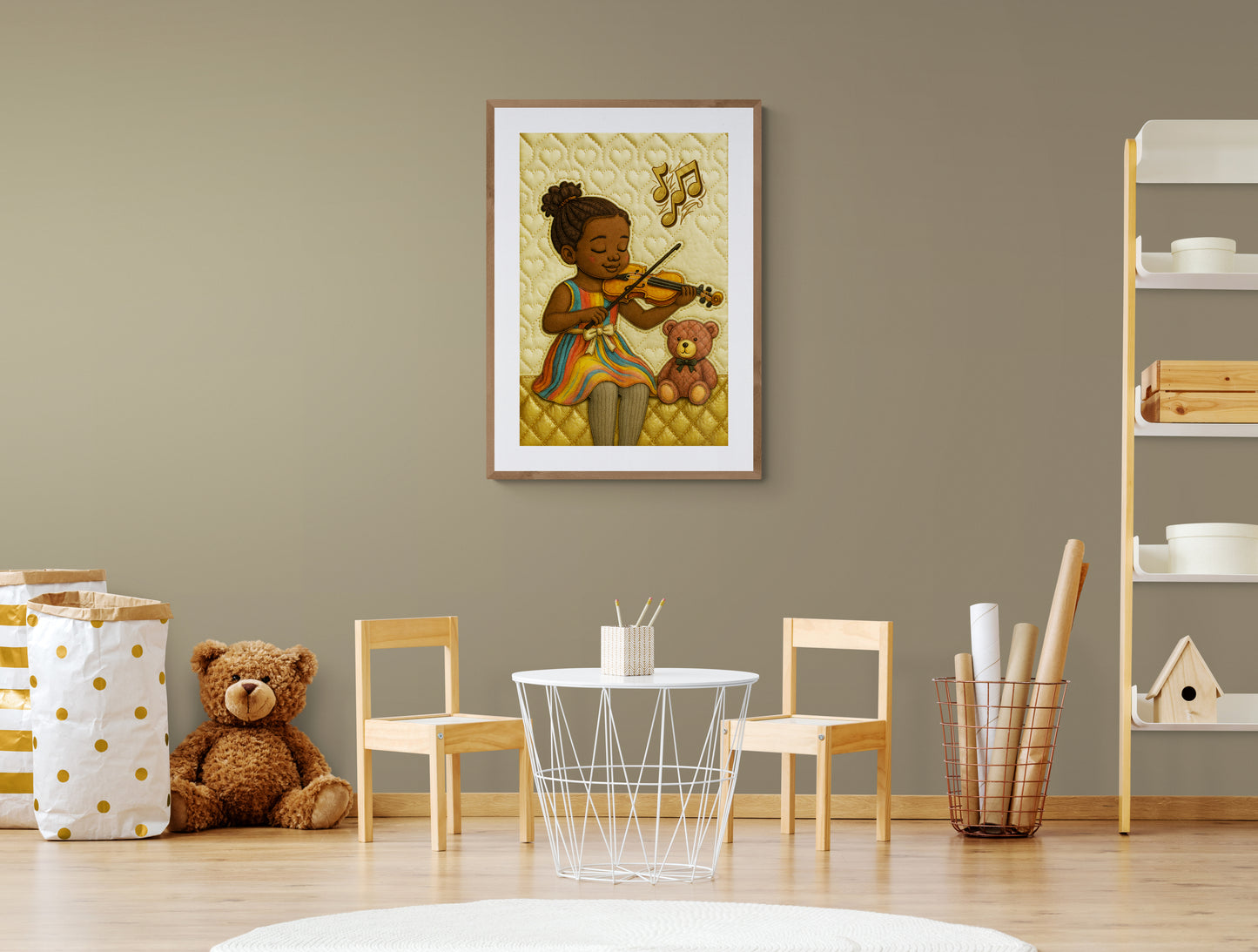 Music and Teddy Bear Quilt Matte Paper Poster - Storybook Style