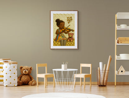 Music and Teddy Bear Quilt Matte Paper Poster - Storybook Style