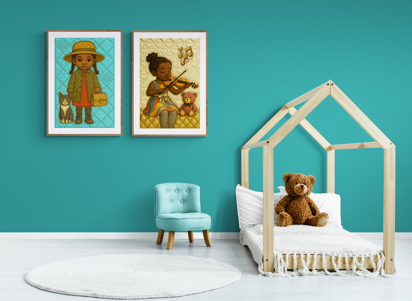 Music and Teddy Bear Quilt Matte Paper Poster - Storybook Style