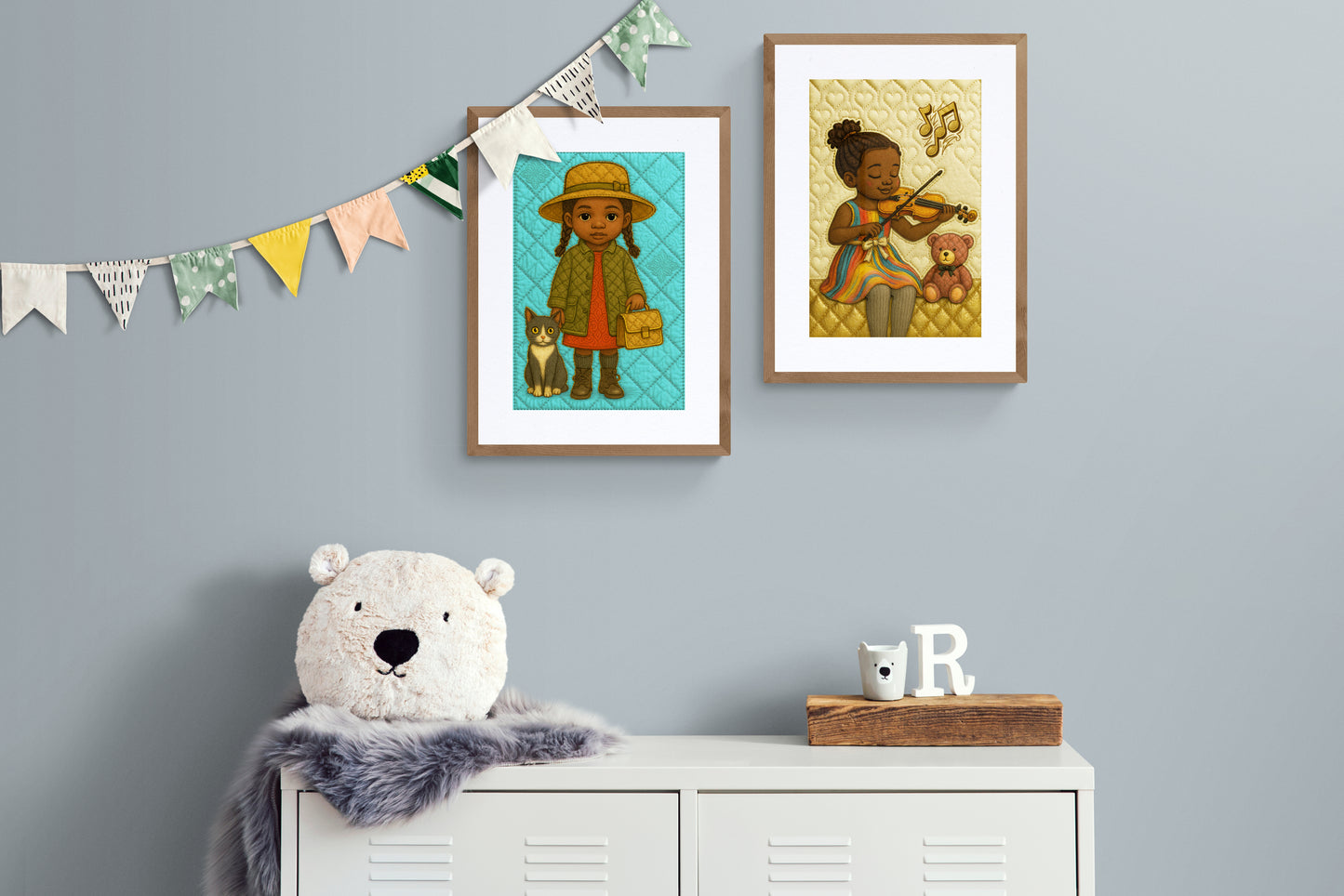 Music and Teddy Bear Quilt Matte Paper Poster - Storybook Style