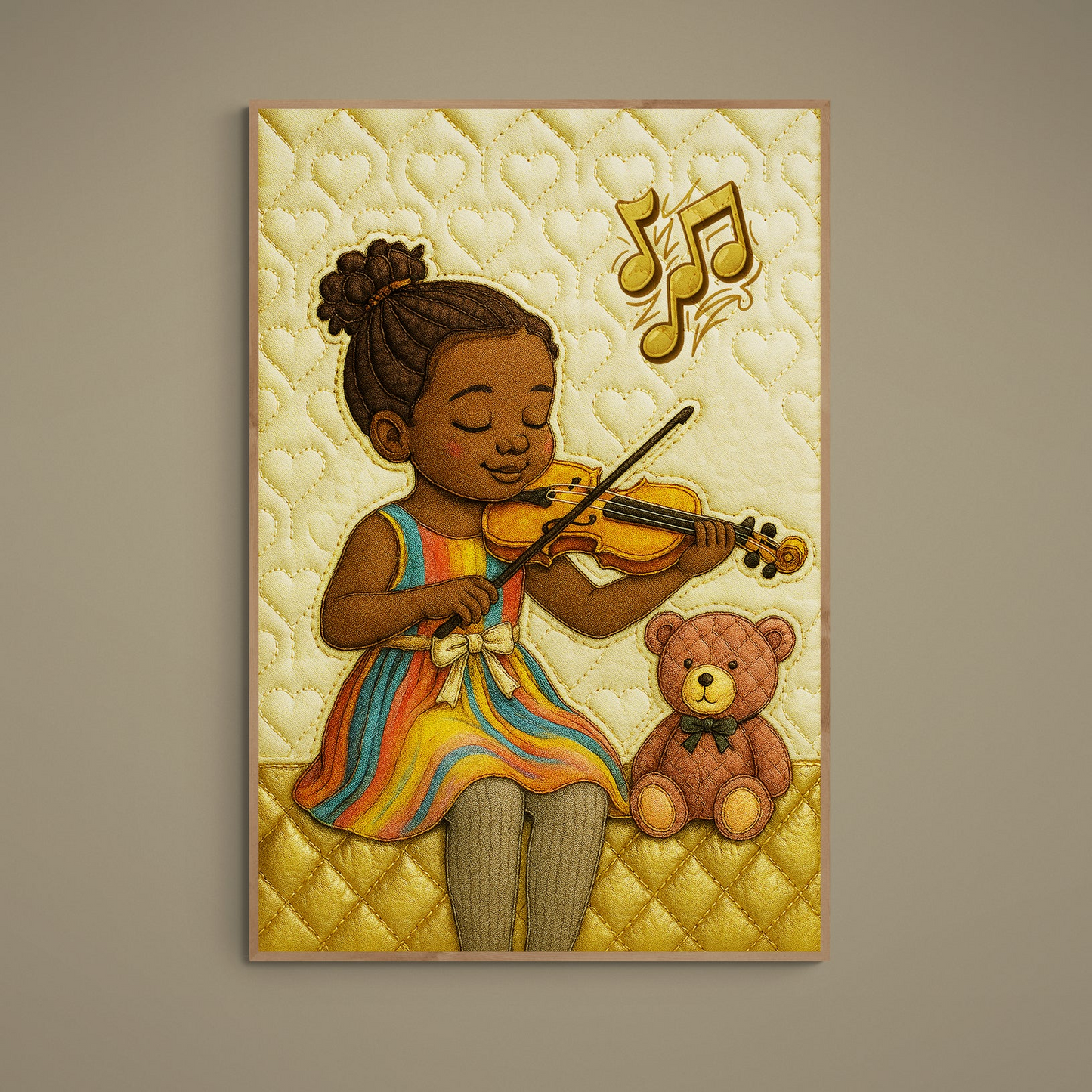 Girl playing violin beside teddy bear on quilted heart background, matte paper poster