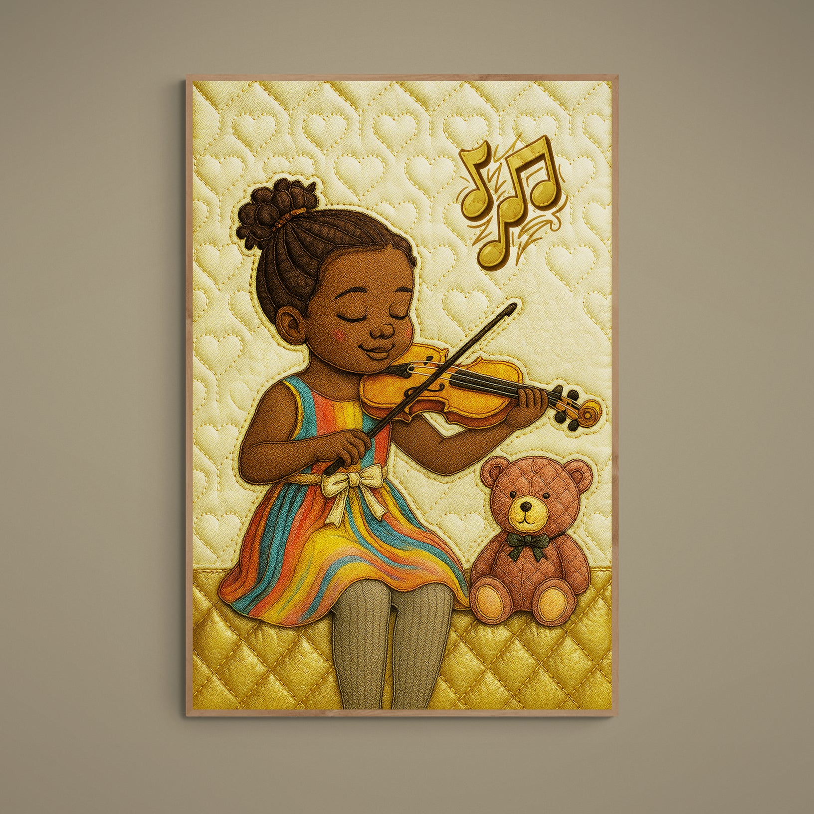 Girl playing violin beside teddy bear on quilted heart background, matte paper poster