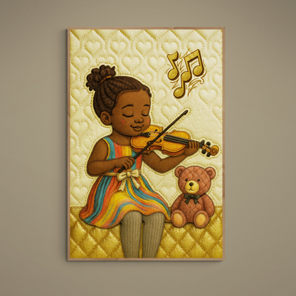 Girl playing violin beside teddy bear on quilted heart background, matte paper poster