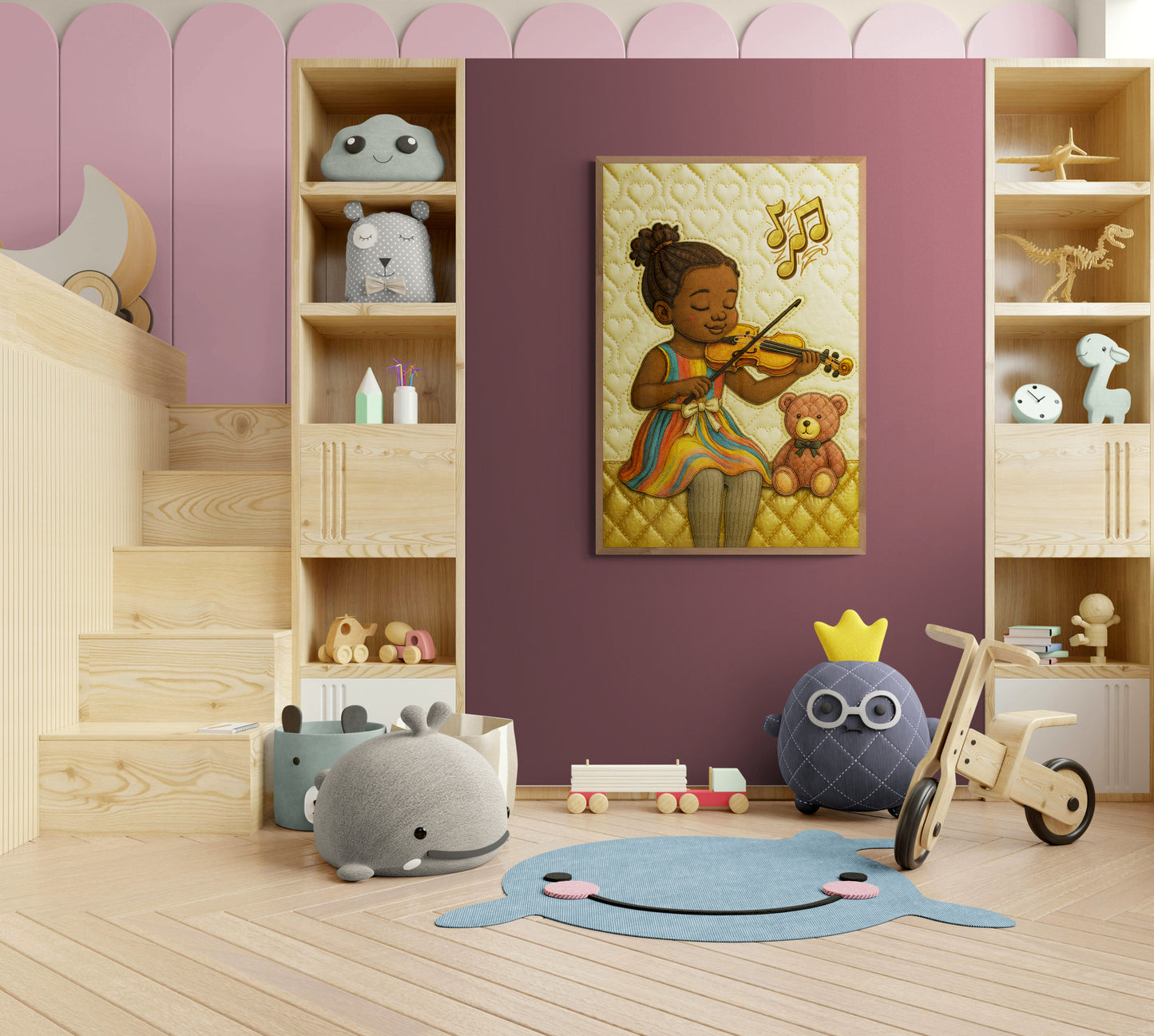 Music and Teddy Bear Quilt Matte Paper Poster - Storybook Style