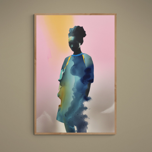Unframed abstract portrait poster with black silhouette, pink-gold gradient and turquoise blue ink wash