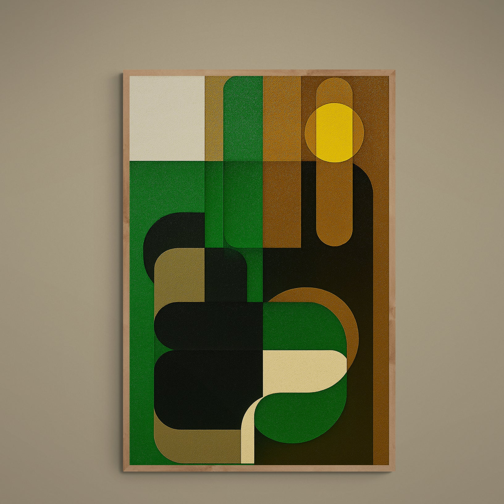 Portrait Bauhaus poster with green, brown, black, beige shapes and a yellow sun circle