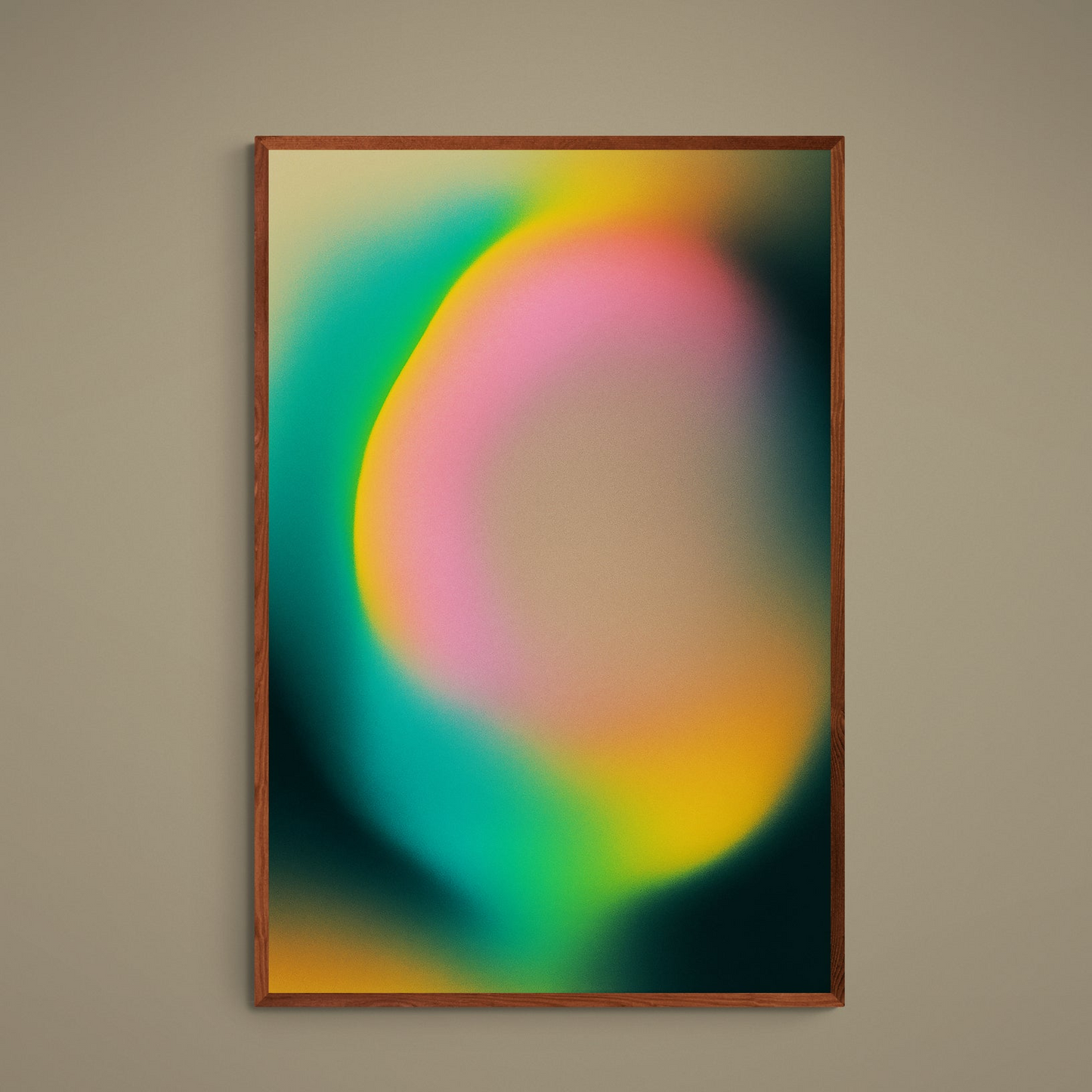 Abstract nebula poster with turquoise, pink, and yellow glow fading into dark green black edges