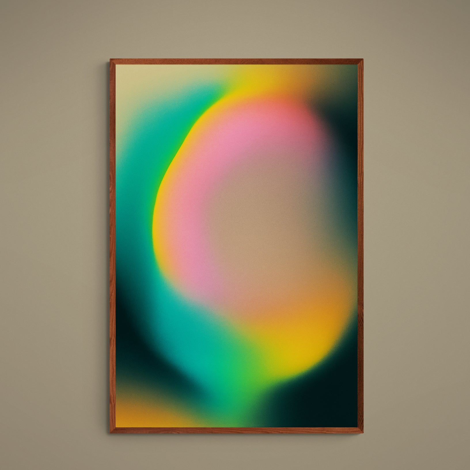Abstract nebula poster with turquoise, pink, and yellow glow fading into dark green black edges