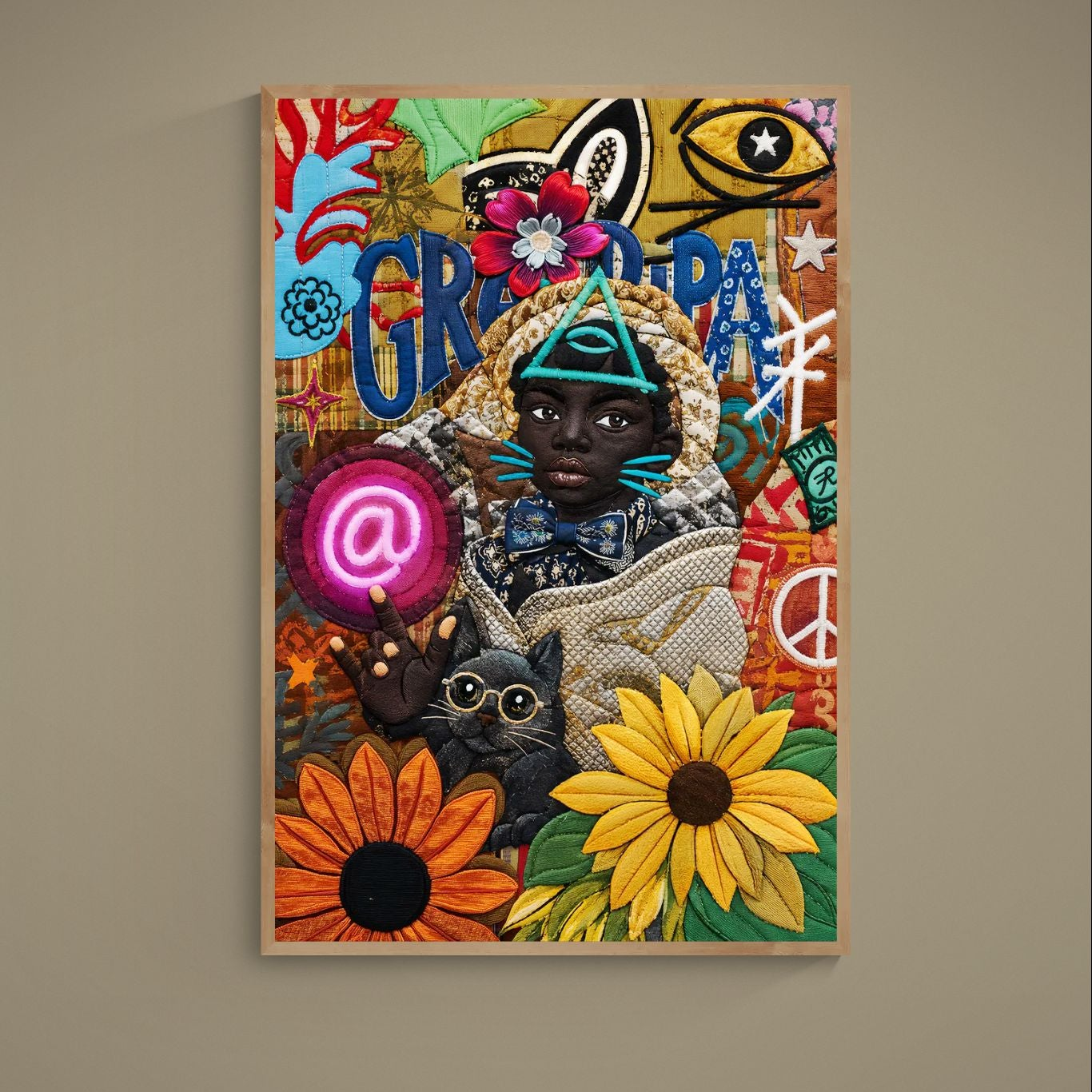 Pop art matte poster of an Afrocentric quilted Black child portrait with neon symbols, sunflowers, and patchwork textures