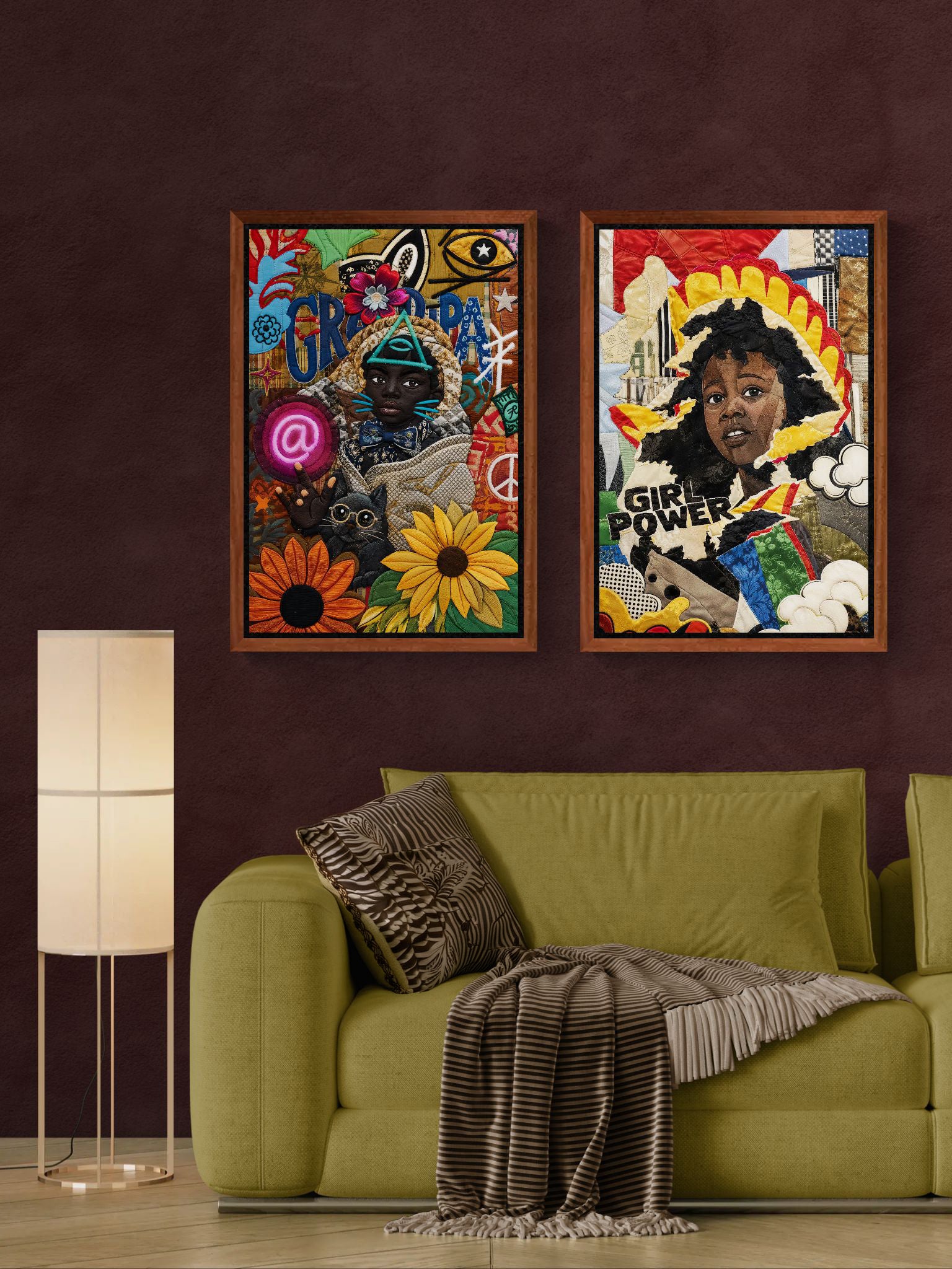 Neon Oracle Black Child Framed Canvas Quilt-Inspired Afrocentric
