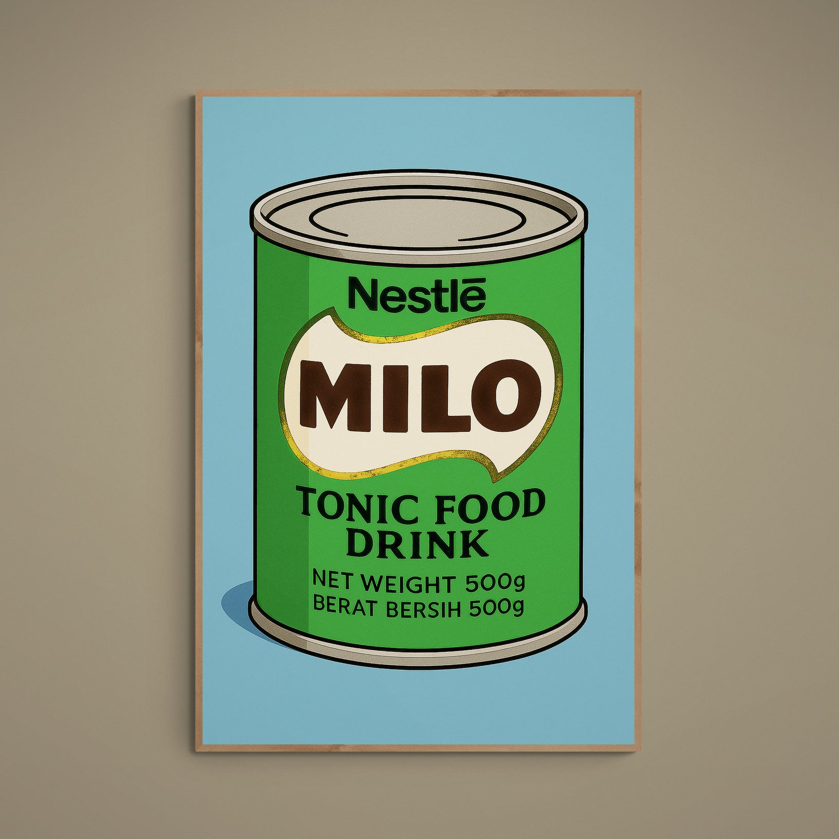 Pop-art poster of a green Nestlé MILO can on a saturated blue background