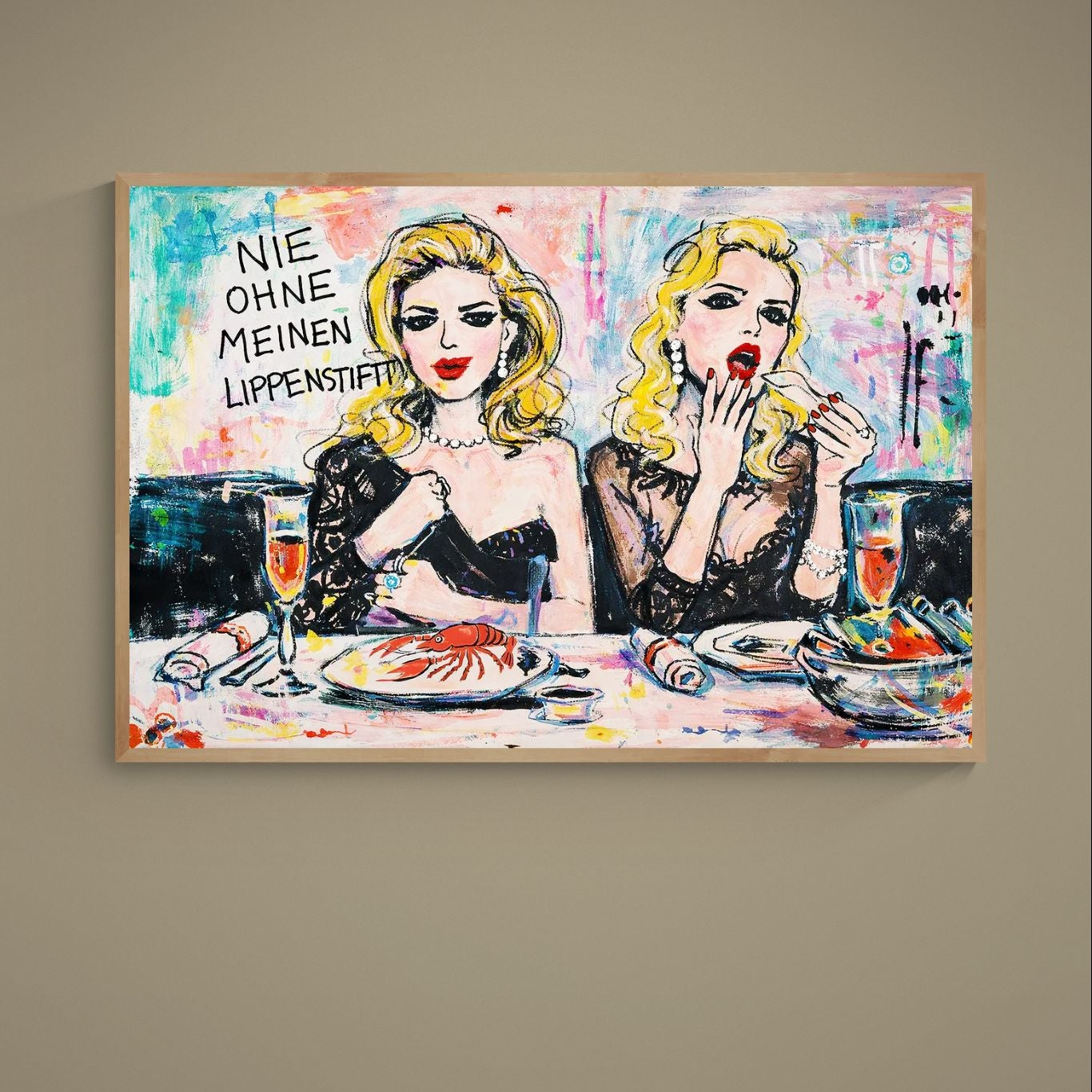 Pop art poster of two blonde women with lipstick, champagne, lobster and German text on colorful background