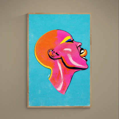 Pop art female profile poster with pink orange portrait on turquoise background