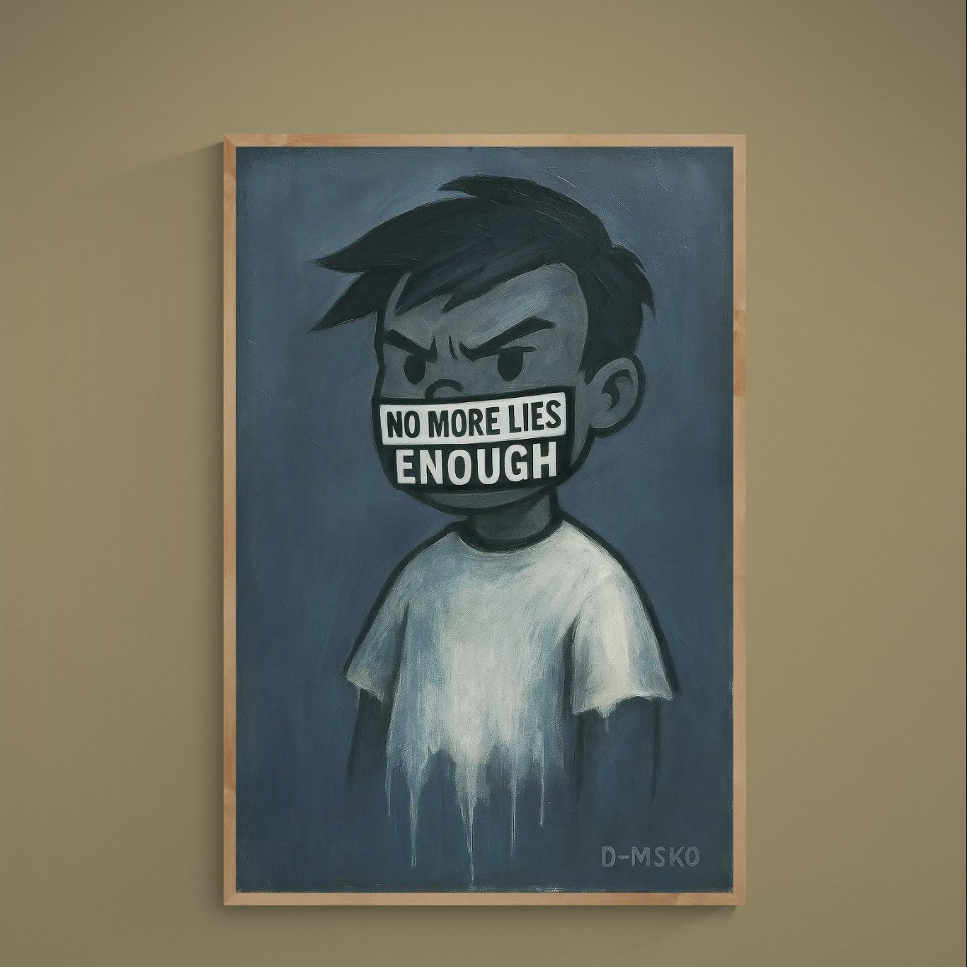 Blue monochrome protest poster of boy with mouth covered by NO MORE LIES and ENOUGH text