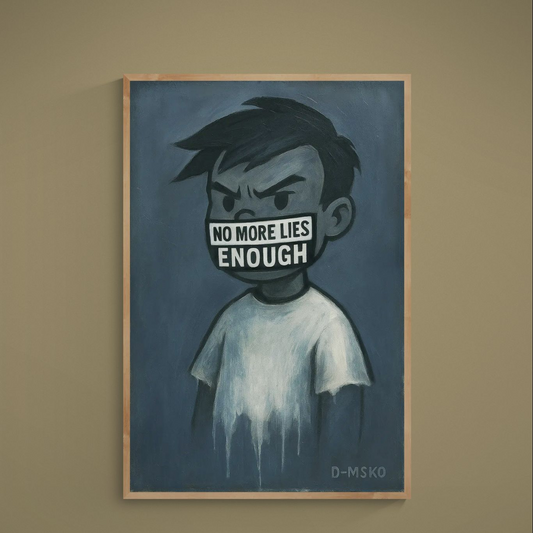 Blue monochrome protest poster of boy with mouth covered by NO MORE LIES and ENOUGH text