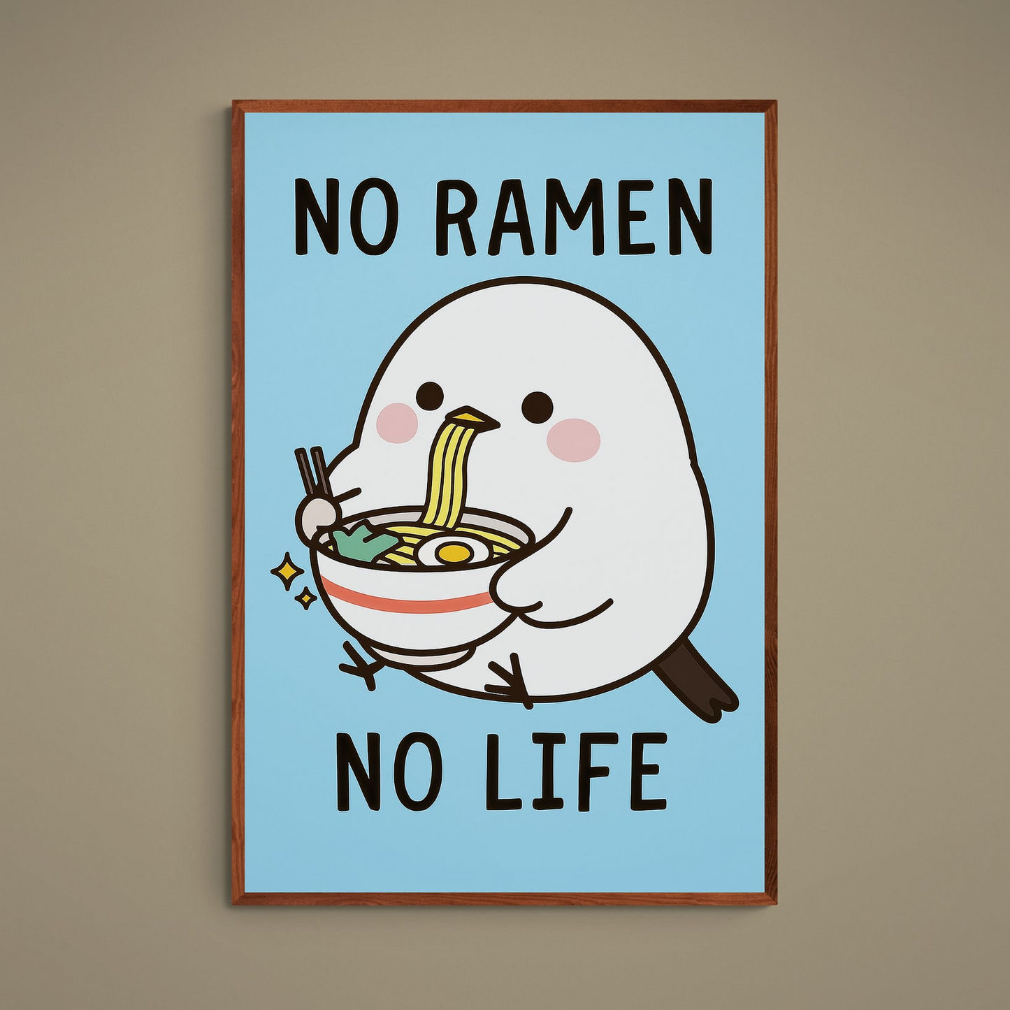 Kawaii bird slurping ramen with No Ramen No Life text on pastel blue matte poster