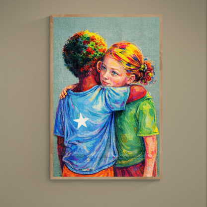 Expressionist poster of two children embracing in multicolor brushstrokes with a star on a blue shirt