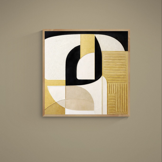 Black arch abstract poster with beige blocks, gold lines, and ribbed gold texture on matte paper