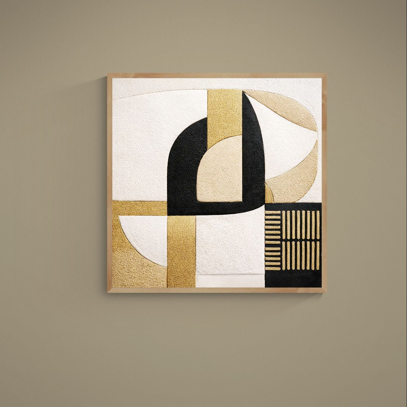 Square black and gold abstract Art Deco poster with beige fields, arches, stripes, and negative space