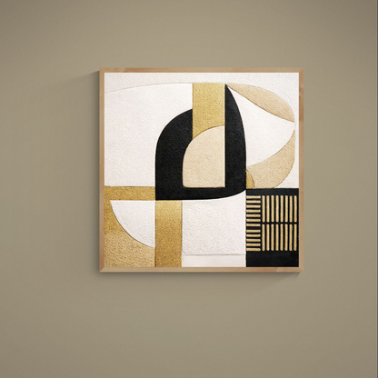Square black and gold abstract Art Deco poster with beige fields, arches, stripes, and negative space