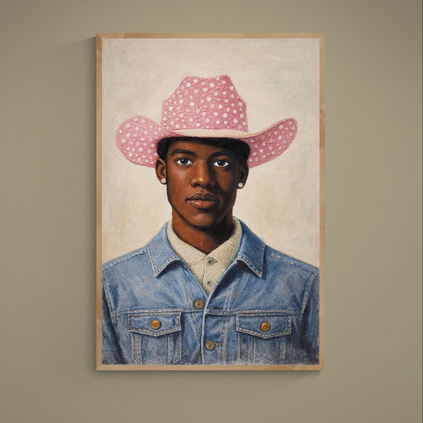 Photorealistic portrait of a Black man in a pink polka-dot cowboy hat and denim jacket on beige background