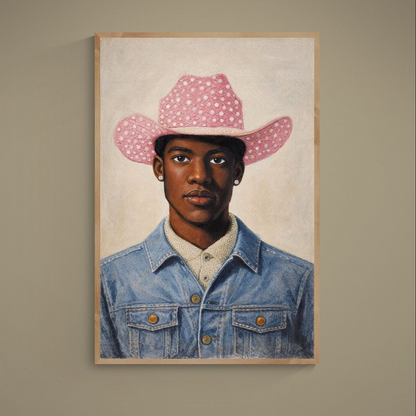 Photorealistic portrait of a Black man in a pink polka-dot cowboy hat and denim jacket on beige background