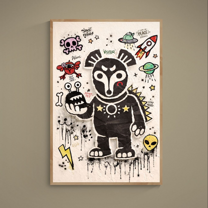 Unframed sci-fi poster with black visitor character, graffiti doodles, UFO, rocket, and colorful accents on cream background