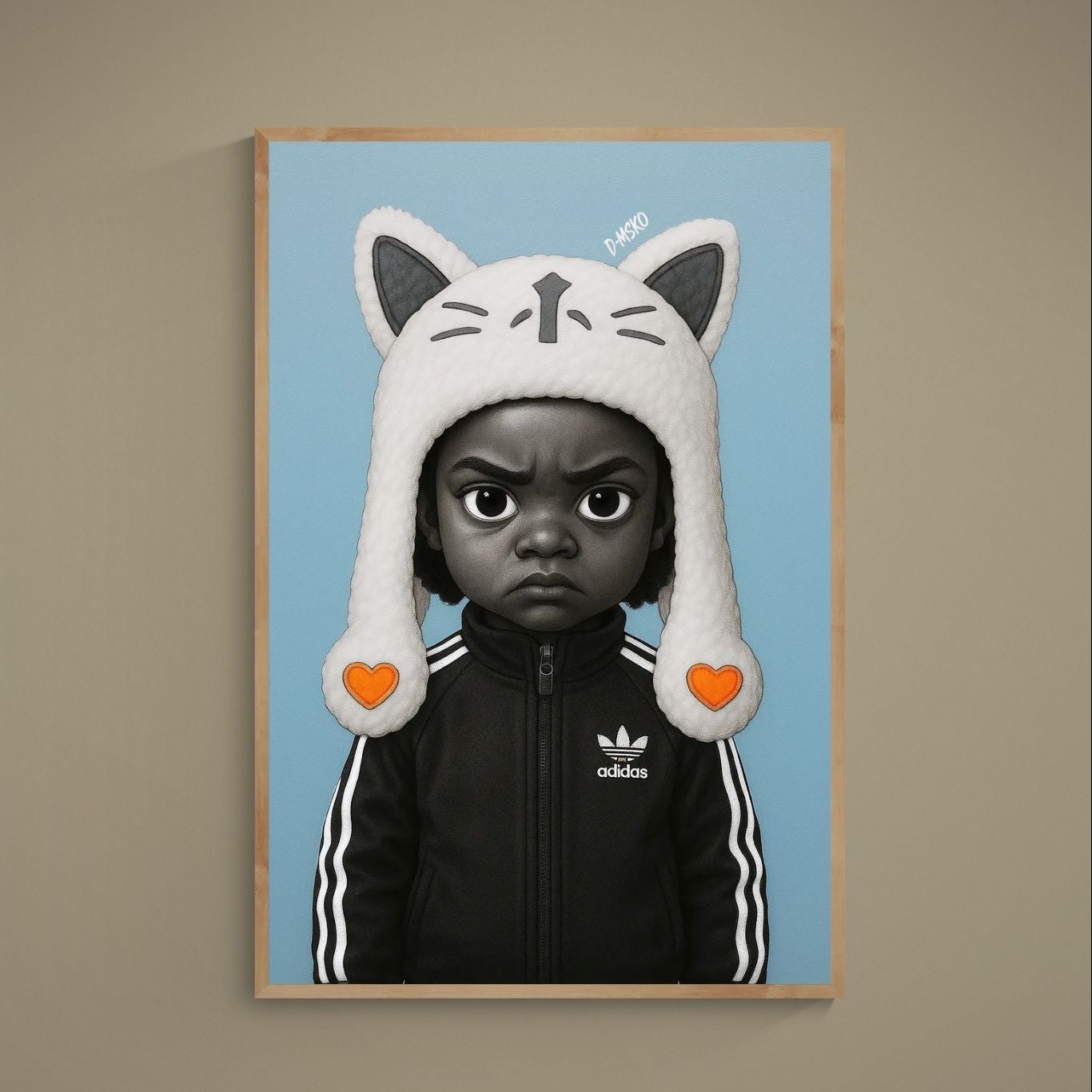 Pop-art portrait on blue background with cat-ear hat, orange hearts, and black Adidas track jacket