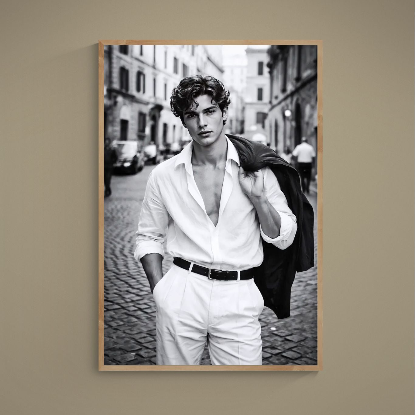 Black and white portrait poster of a man walking on a cobblestone European street