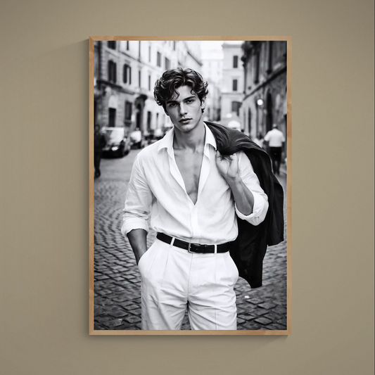 Black and white portrait poster of a man walking on a cobblestone European street