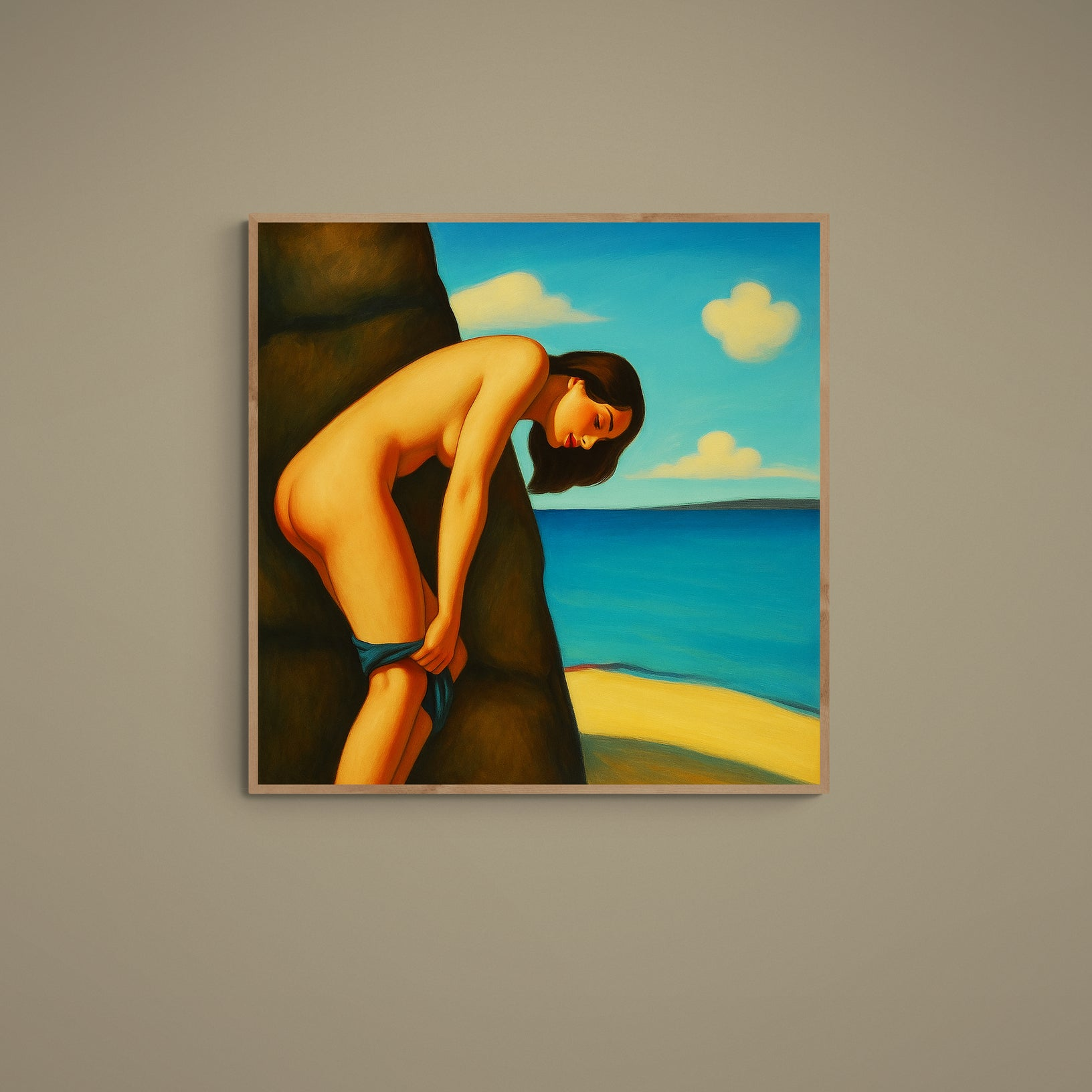 Square poster of a nude figure in profile beside a turquoise sea and sky with stylized clouds