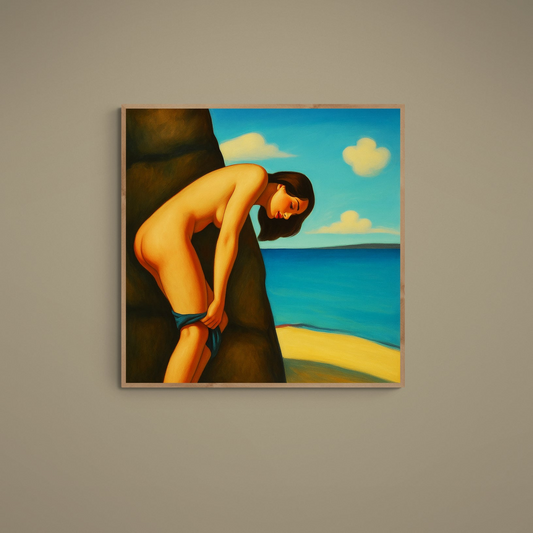 Square poster of a nude figure in profile beside a turquoise sea and sky with stylized clouds