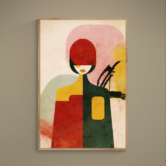 Unframed abstract female portrait poster with ochre, rouge, green, burgundy and black geometric blocks