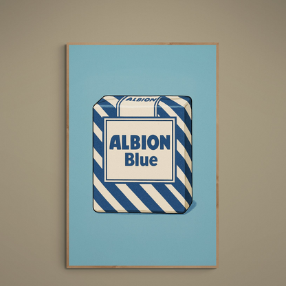Pop art Albion Blue package poster with navy beige diagonal stripes on light blue background