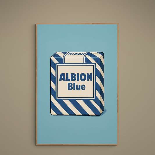 Pop art Albion Blue package poster with navy beige diagonal stripes on light blue background