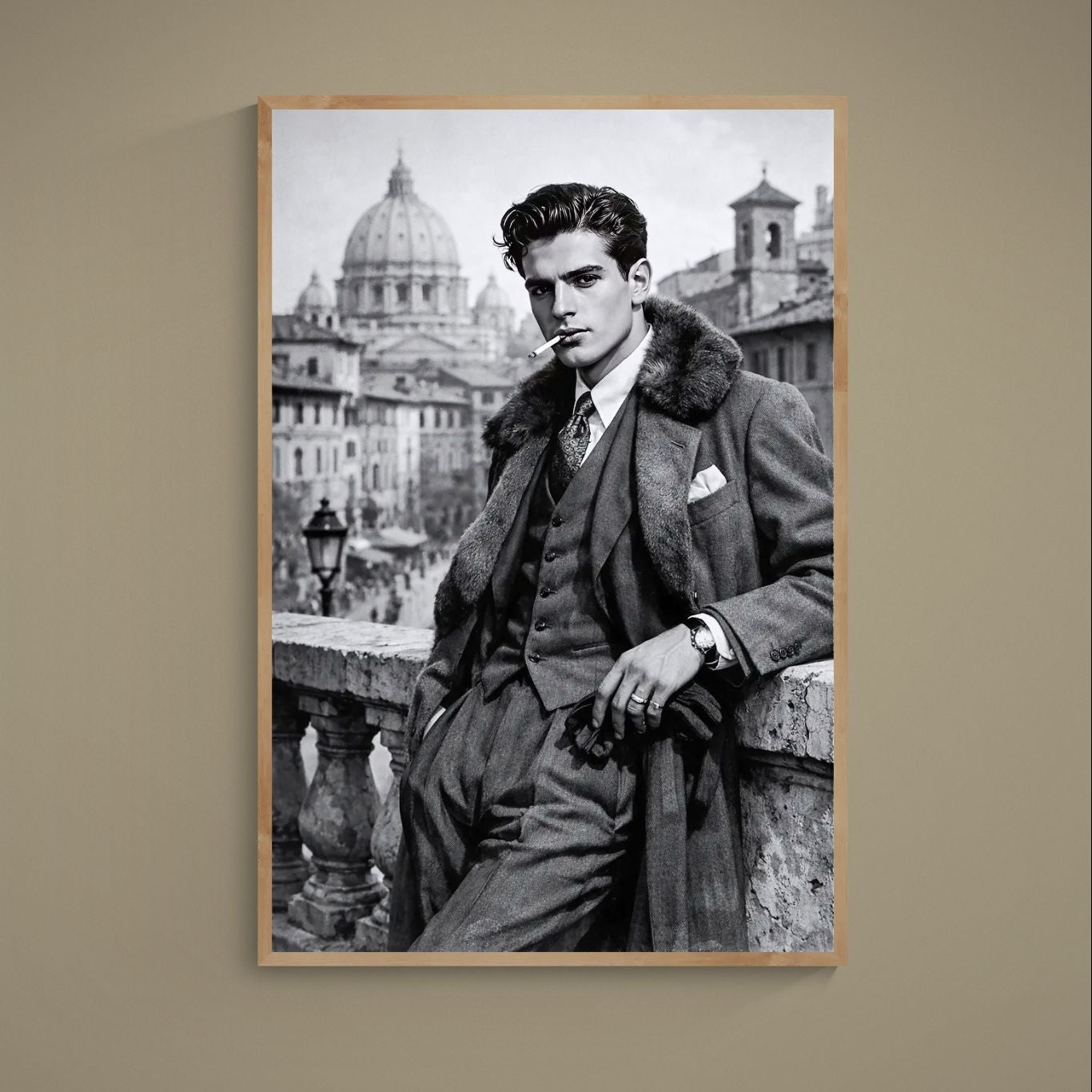 Black-and-white portrait poster of a suited figure with Rome skyline and St. Peter's Basilica dome