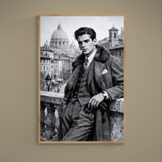 Black-and-white portrait poster of a suited figure with Rome skyline and St. Peter's Basilica dome